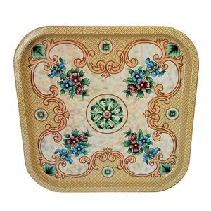 Daher Decorated Ware Square Tin Tray Floral Made in England Cream Gold 13.5"